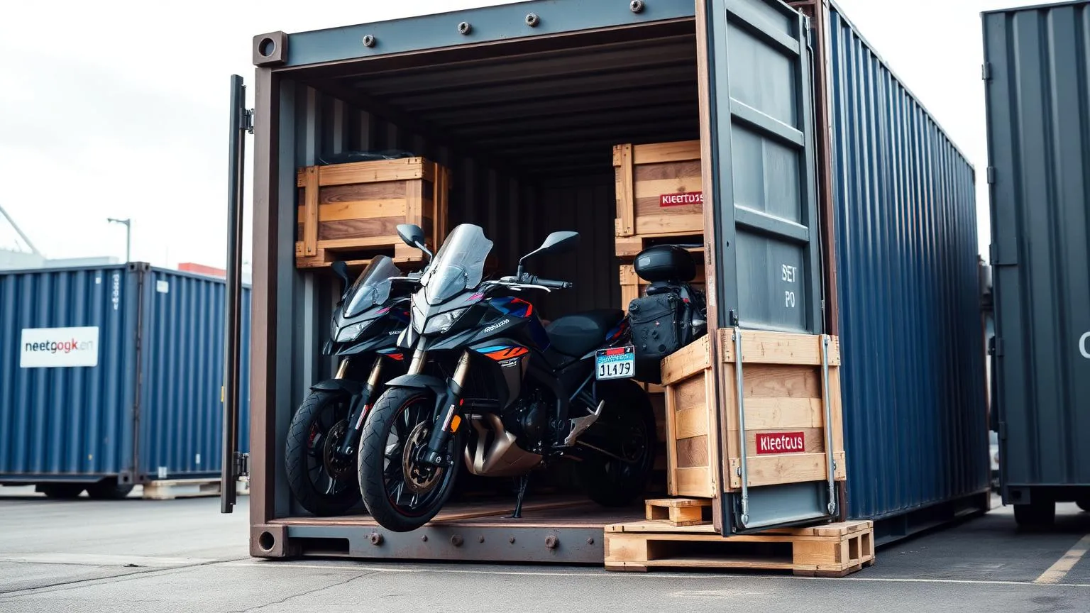 Shared motorcycle shipping — motorbikes crated for export