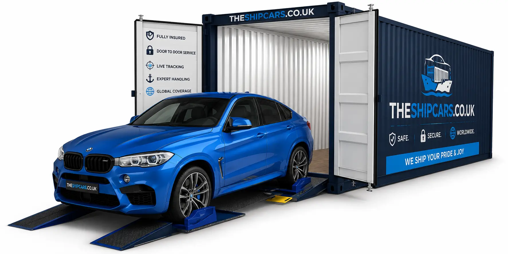 UK groupage shipping — BMW being loaded into a TheShipCars.co.uk 20ft container with ramps for consolidated worldwide freight