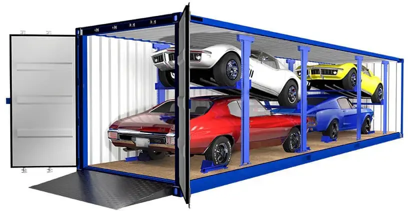 R-Rak vehicle shipping UK — up to four cars stacked inside a 40ft container using R-Rak steel racking for cheapest enclosed car export