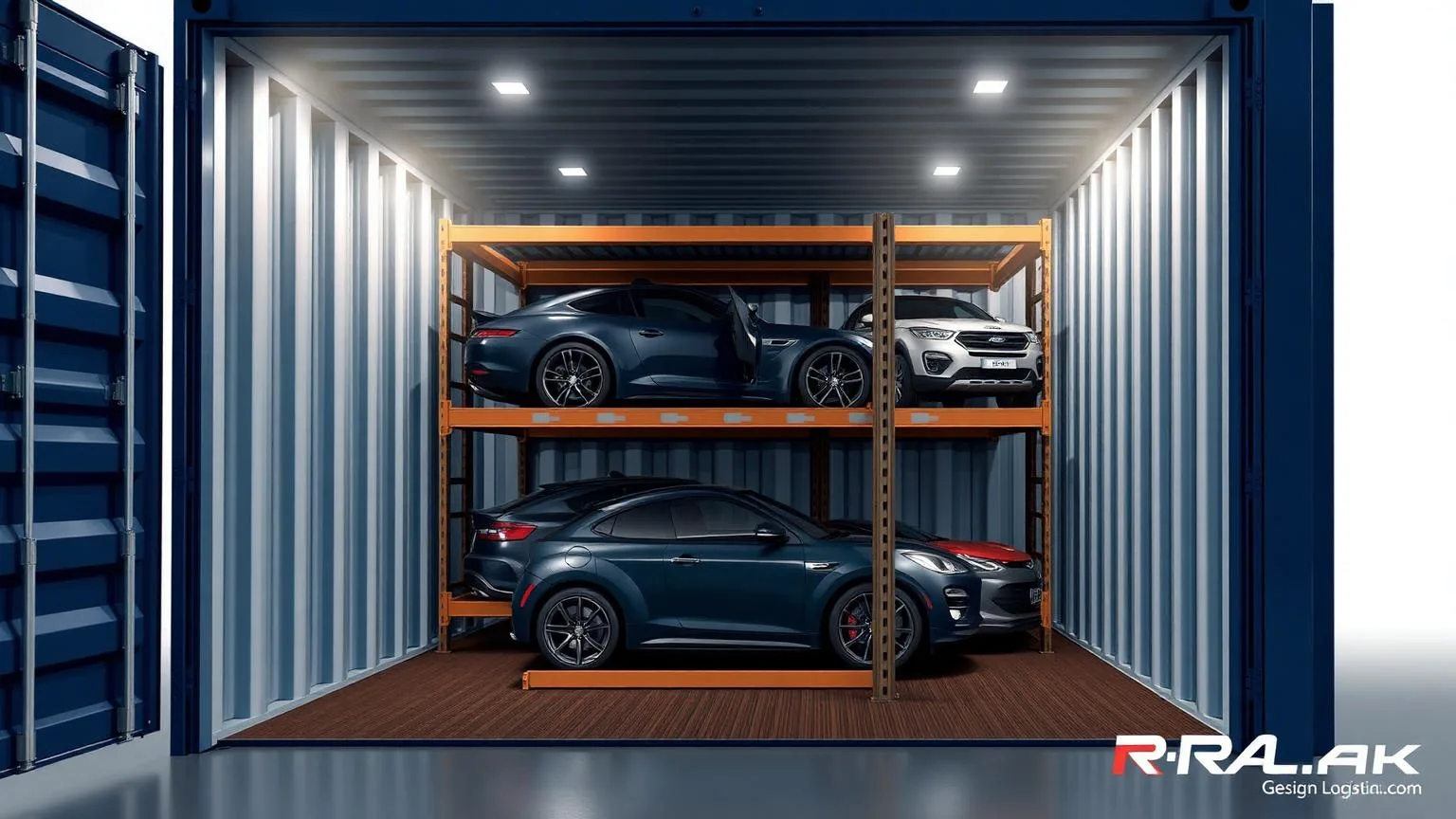 R-Rak vehicle shipping — four cars stacked in a 40ft container