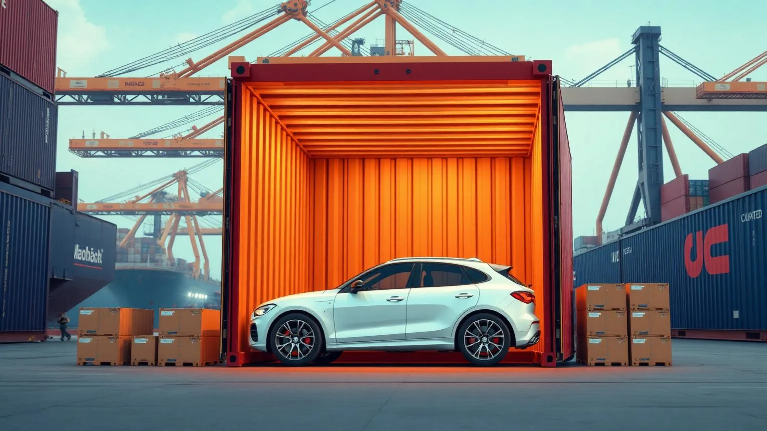Shared car shipping — car loaded into a shipping container
