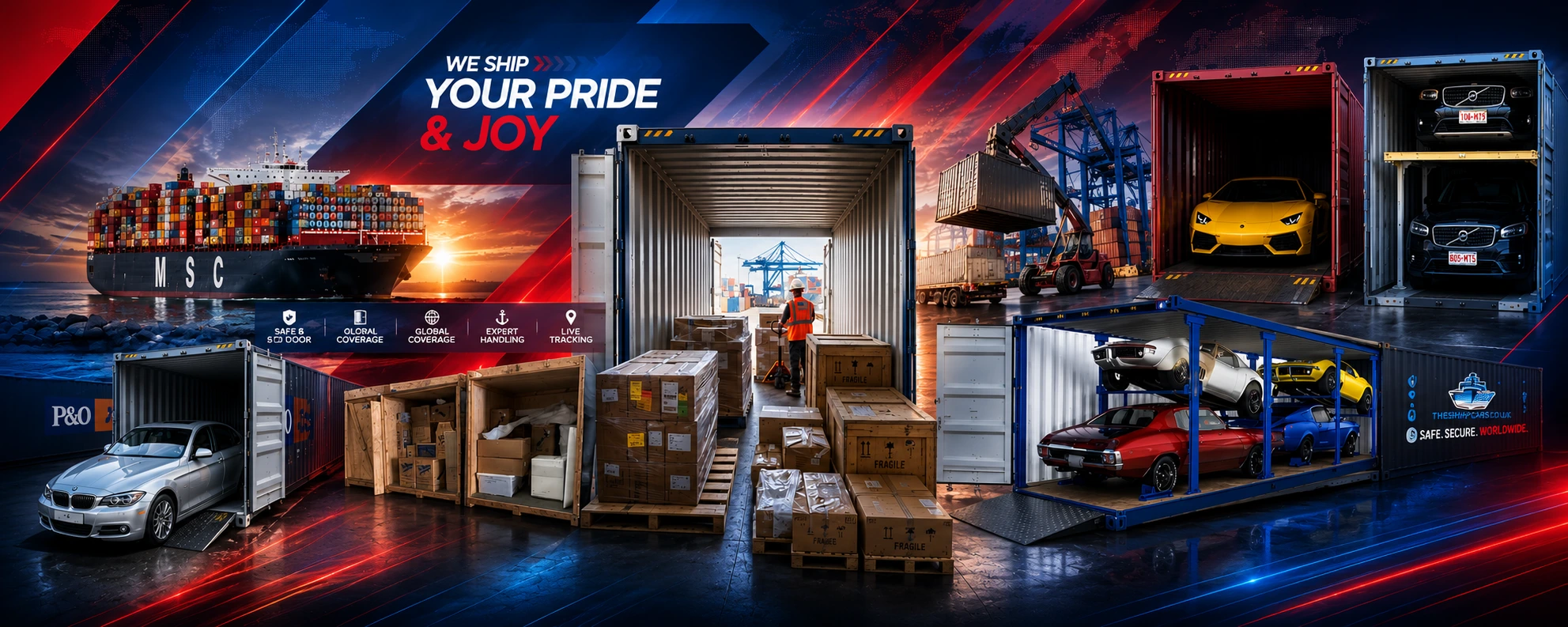 We ship your pride and joy — shared container shipping from the UK worldwide with safe sealed door-to-door delivery of cars, motorcycles, household effects and pallets by MySharedContainer.co.uk