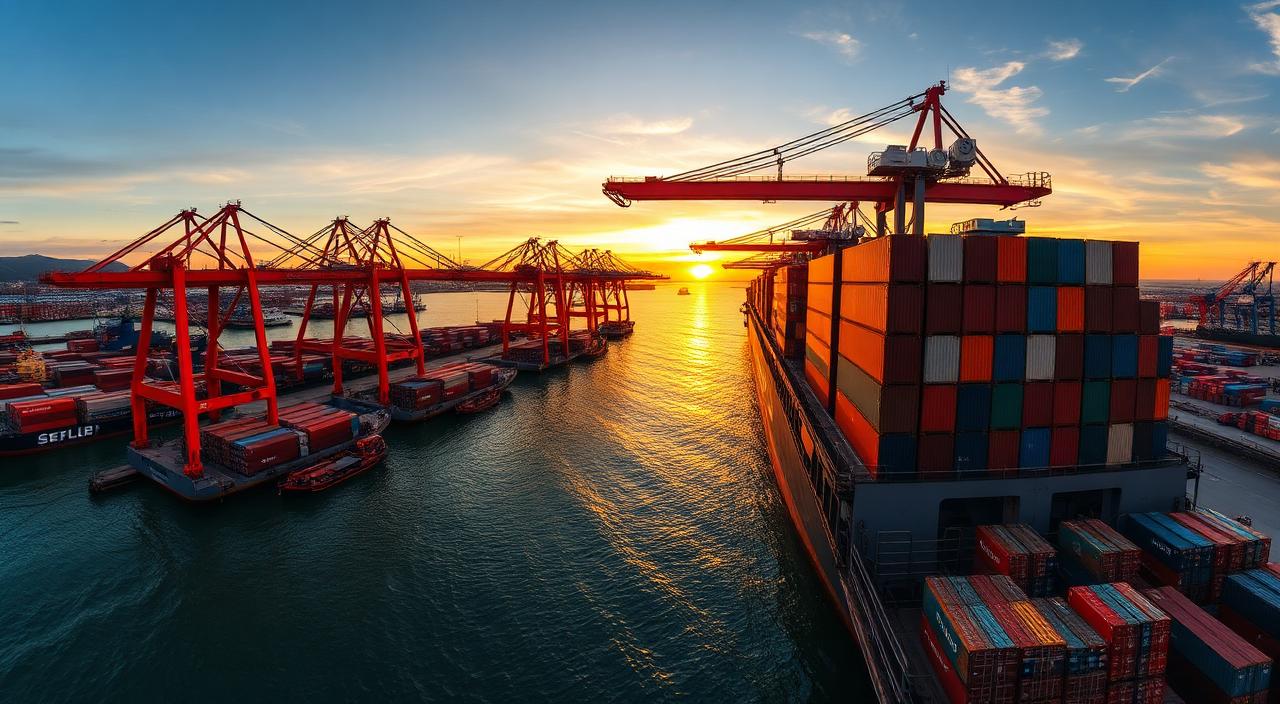 Panoramic view of a major UK container port at sunset with red cranes loading colourful containers