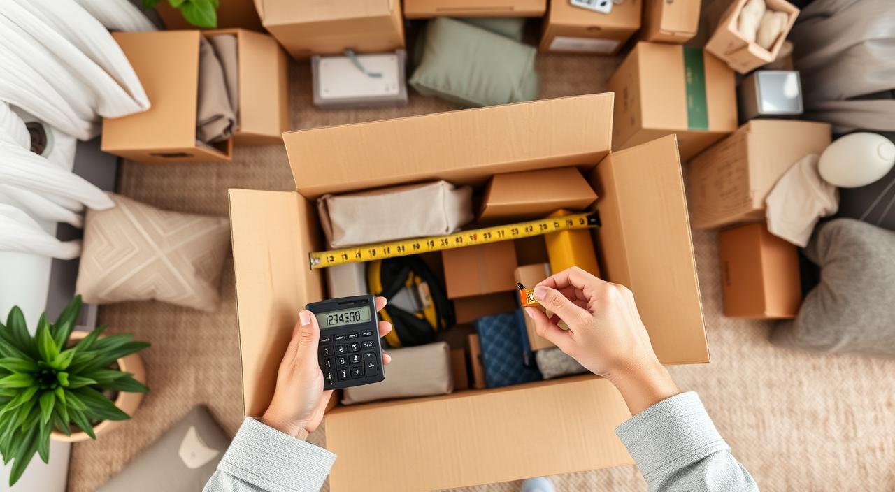 Top-down view of hands using a tape measure and calculator to measure a moving box for CBM calculation