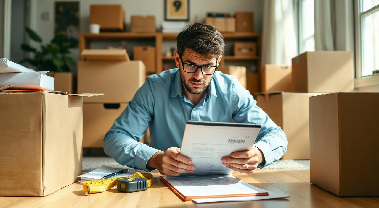First-time UK shipper surrounded by moving boxes reviewing shipping paperwork at home