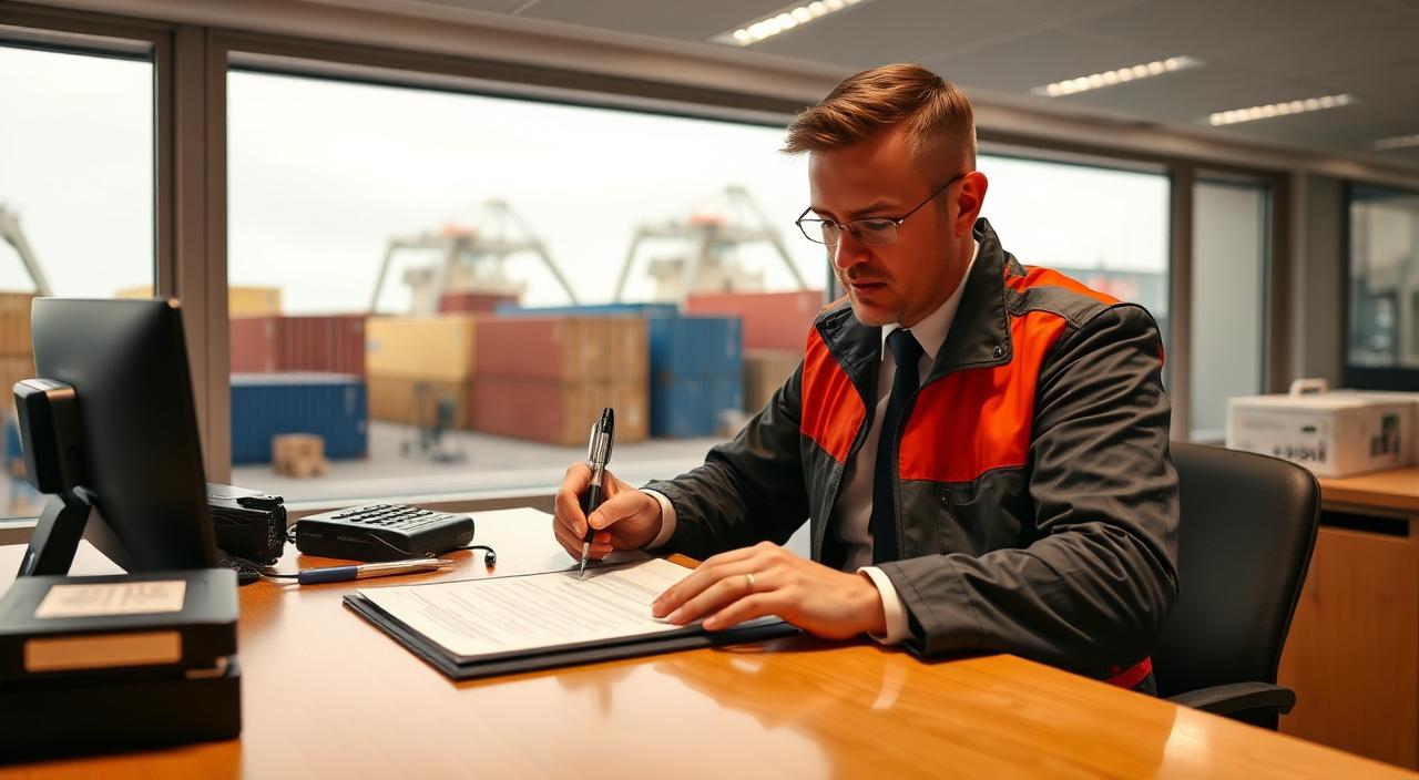 UK customs officer reviewing and stamping export documents at a port office with containers in background