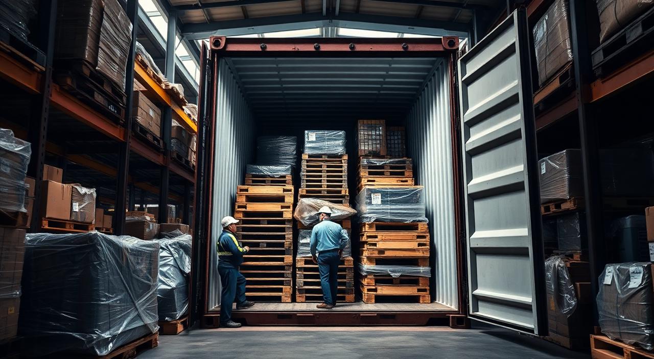 UK groupage warehouse workers consolidating palletised cargo inside an open 40ft shipping container