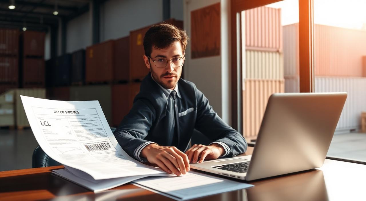 Business professional reviewing an LCL bill of lading and freight documents at a warehouse desk