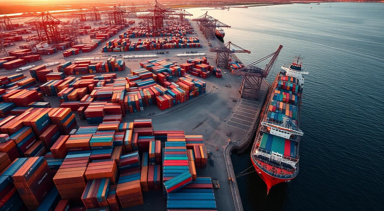 Aerial view of a UK container port at sunset with stacks of shared shipping containers and a cargo vessel
