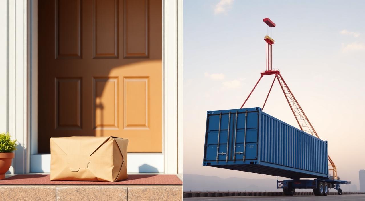 Side-by-side comparison of a small courier parcel on a doorstep and a large shipping container being lifted by crane