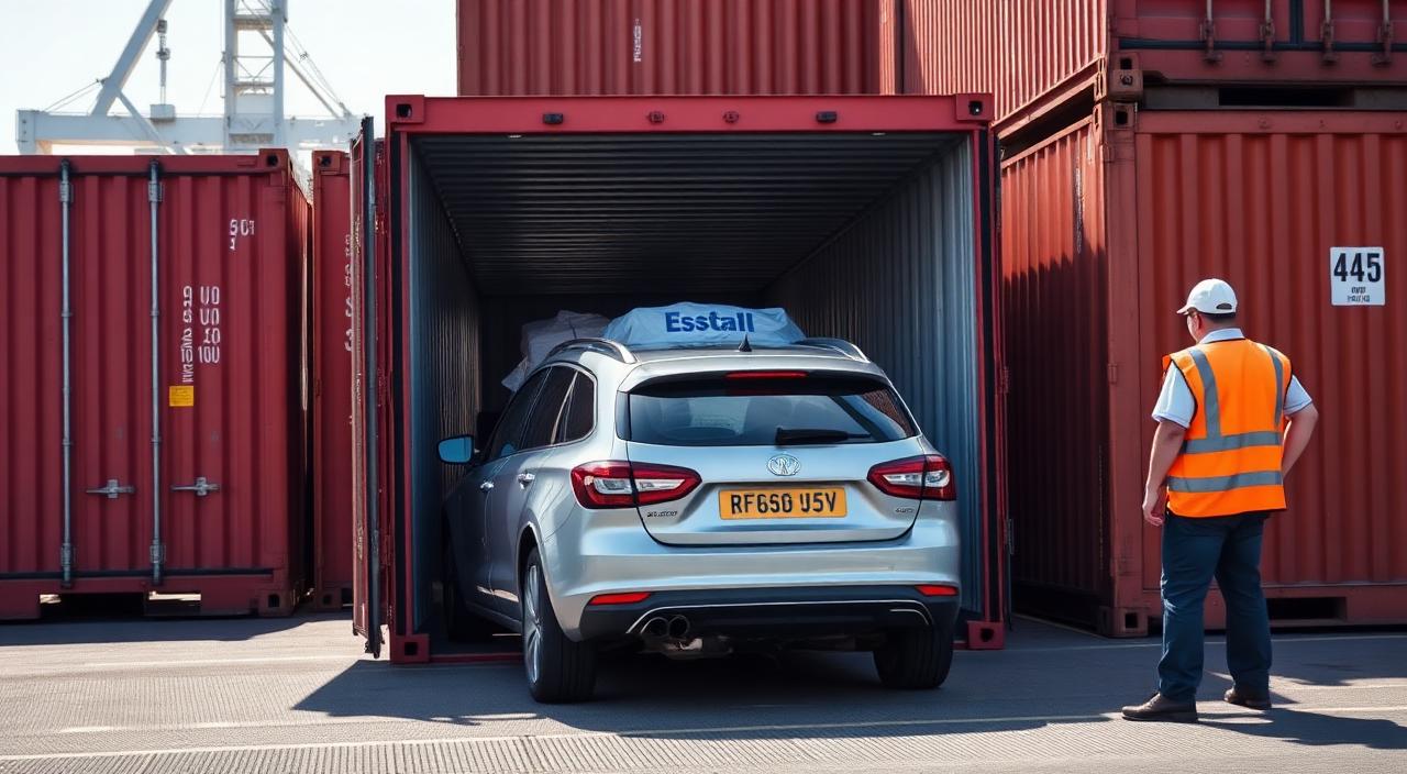Silver car being driven into a 40ft shared shipping container at a UK port with dock worker supervising