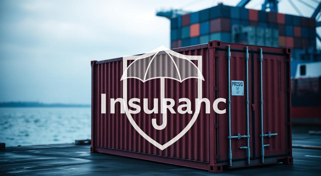 Red shipping container on a UK dock with a translucent insurance shield and umbrella overlay symbolising marine all-risks cover